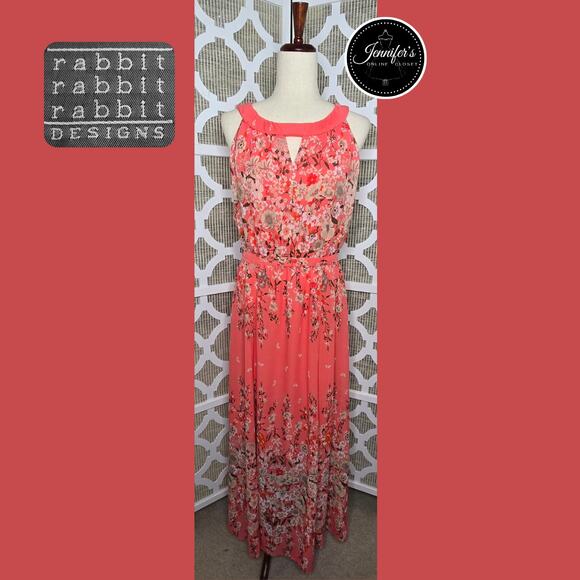 Rabbitt Rabbit Rabbit Designs Coral Floral Keyhole Chiffon Maxi Dress Size 12 - Picture 1 of 16